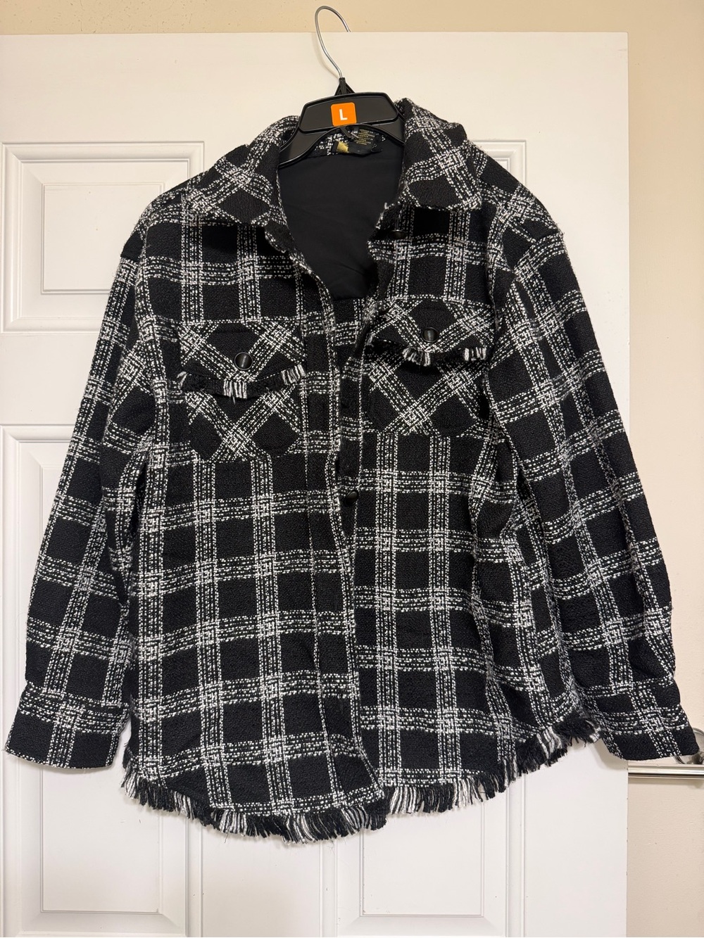 House of Harlow 1960 Women's Black & White Plaid Fringe Shacket Jacket